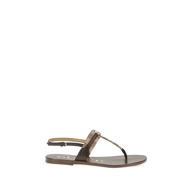 Brown Calf Leather Bos Taurus Flat SandalsThe GG Crossover Sandals by Gucci with Web detail express a sophisticated and distinctive elegance. Crafted with palladium-colored trim and brown leather, they feature the distinctive green and red Web ribbon and