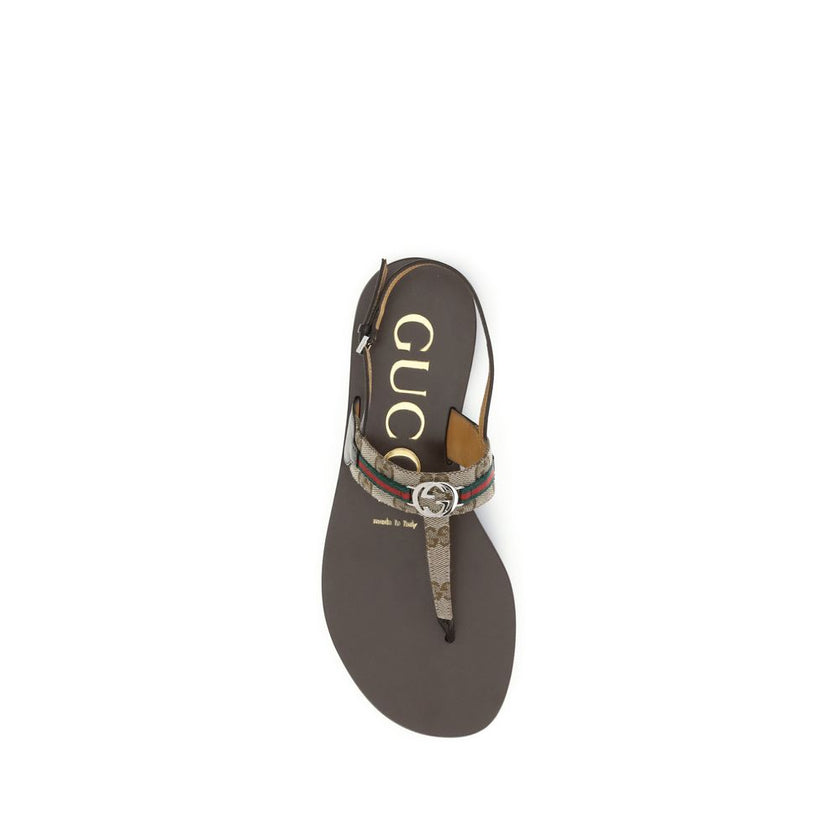 Brown Calf Leather Bos Taurus Flat SandalsThe GG Crossover Sandals by Gucci with Web detail express a sophisticated and distinctive elegance. Crafted with palladium-colored trim and brown leather, they feature the distinctive green and red Web ribbon and