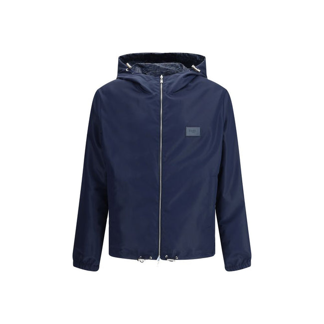 Blue Polyester Shell JacketReversible waterproof Jacket by Fendi, designed to combine functionality and iconic style. The model features an adjustable hood with drawstring, front closure with double-slider zipper, two side welt pockets, elastic cuffs and