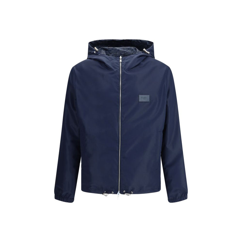 Blue Polyester Shell JacketReversible waterproof Jacket by Fendi, designed to combine functionality and iconic style. The model features an adjustable hood with drawstring, front closure with double-slider zipper, two side welt pockets, elastic cuffs and
