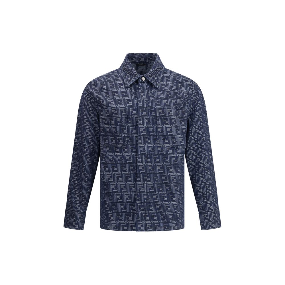Blue Cotton Denim JacketDenim Jacket by Fendi, inspired by the classic shirt pattern and featuring a denim design with the iconic all-over FF jacquard weave. The garment features a classic collar, front snap-button closure, two side welt pockets and two s