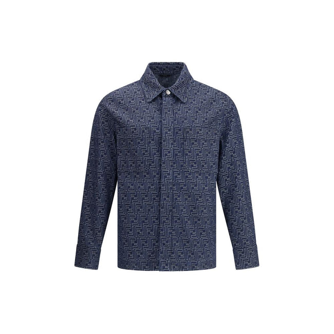 Blue Cotton Denim JacketDenim Jacket by Fendi, inspired by the classic shirt pattern and featuring a denim design with the iconic all-over FF jacquard weave. The garment features a classic collar, front snap-button closure, two side welt pockets and two s