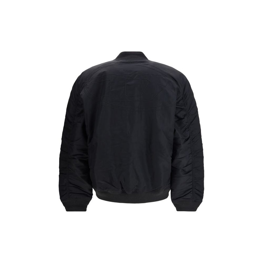 Black Polyamide BomberThe J-Held padded nylon Bomber Jacket by Diesel is crafted from technical fabric made with certified recycled nylon fibers, reflecting the brand’s commitment to sustainability. Lightly padded for warmth and comfort, it features subtl