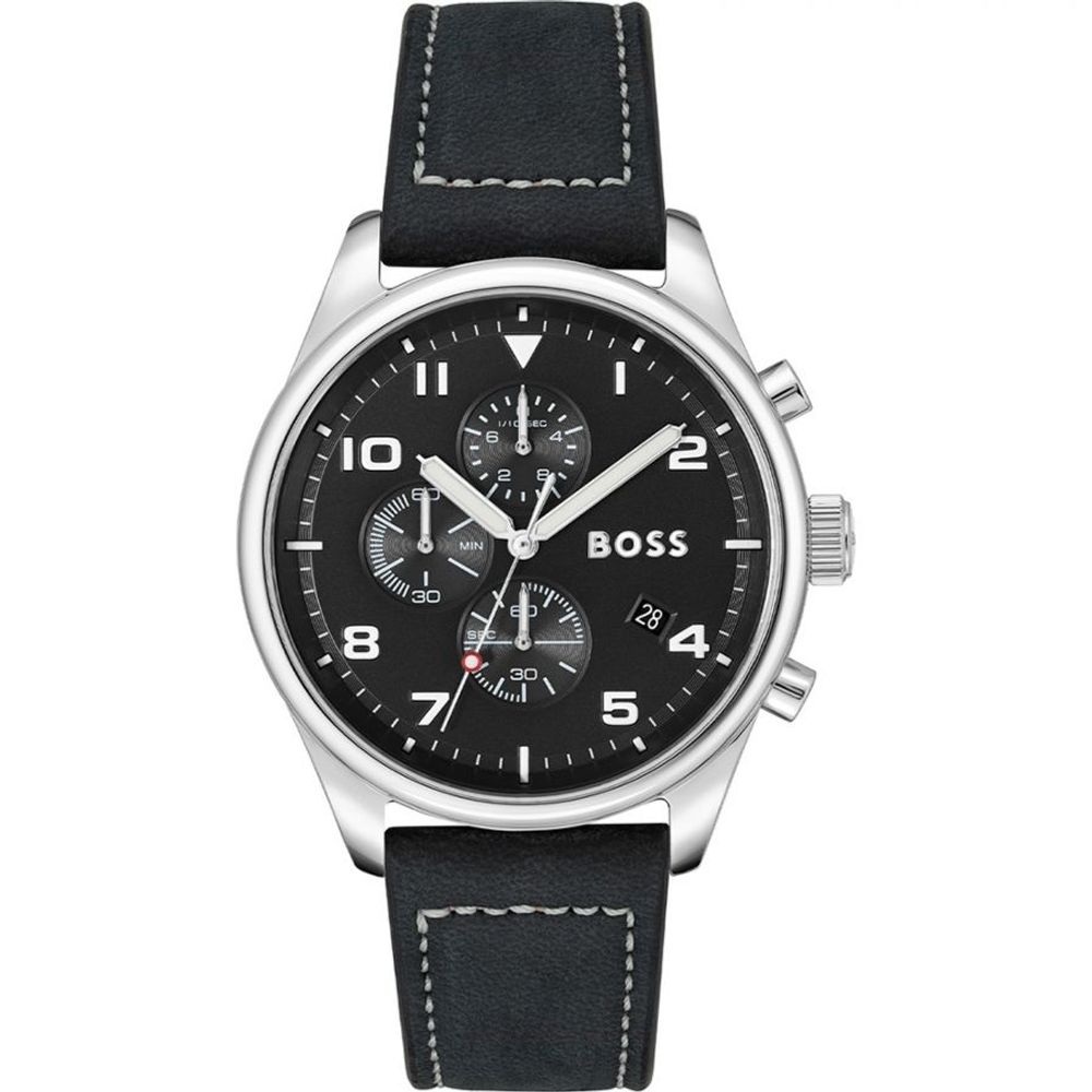 Schwarze Lederarmbanduhr mit Chronographenzifferblatt