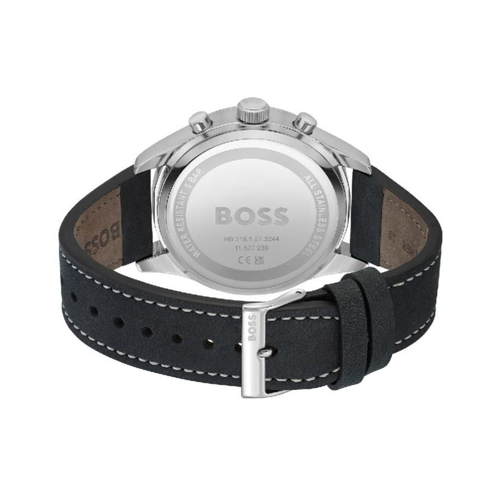 Schwarze Lederarmbanduhr mit Chronographenzifferblatt
