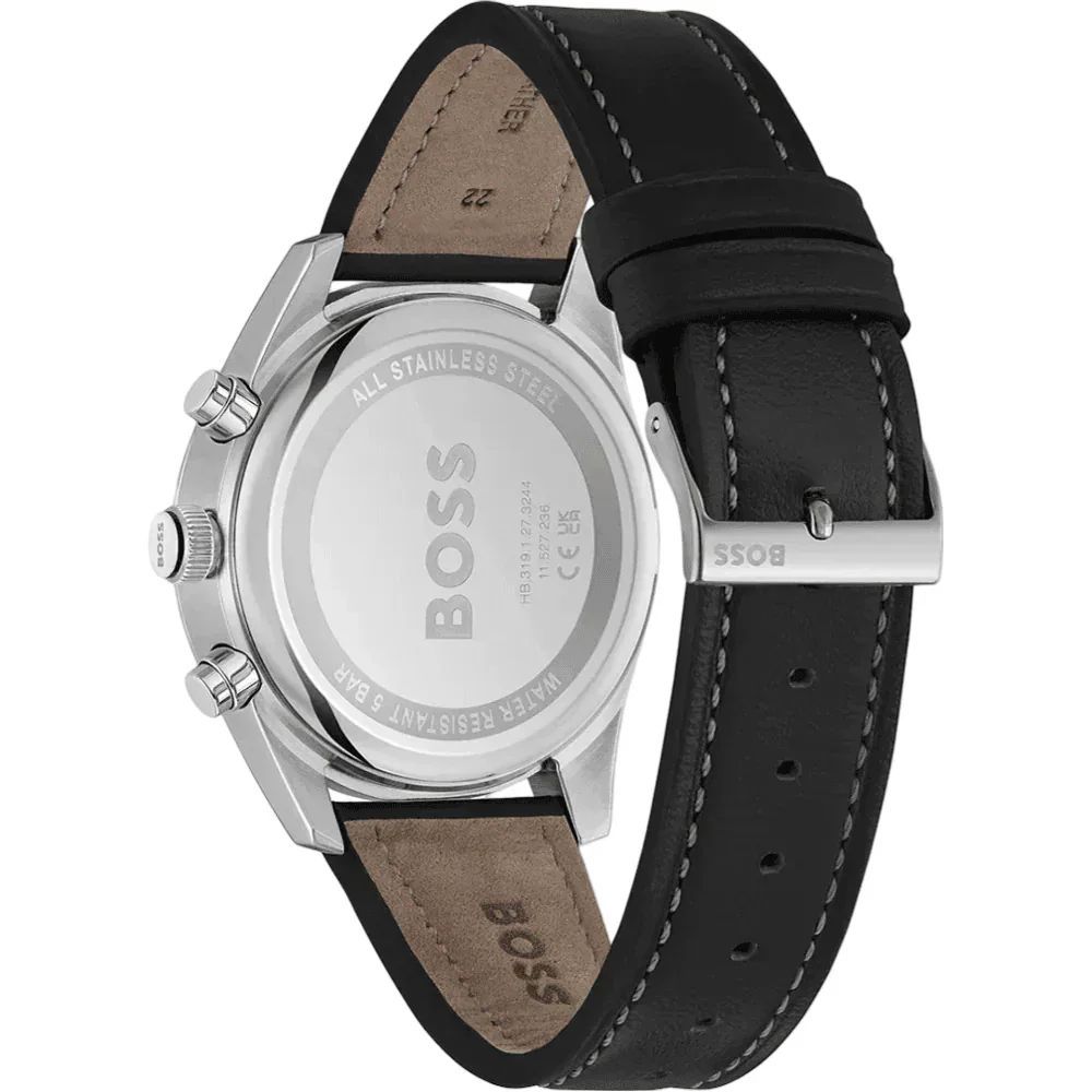 Black Leather Dress Watch with Chronograph Feature