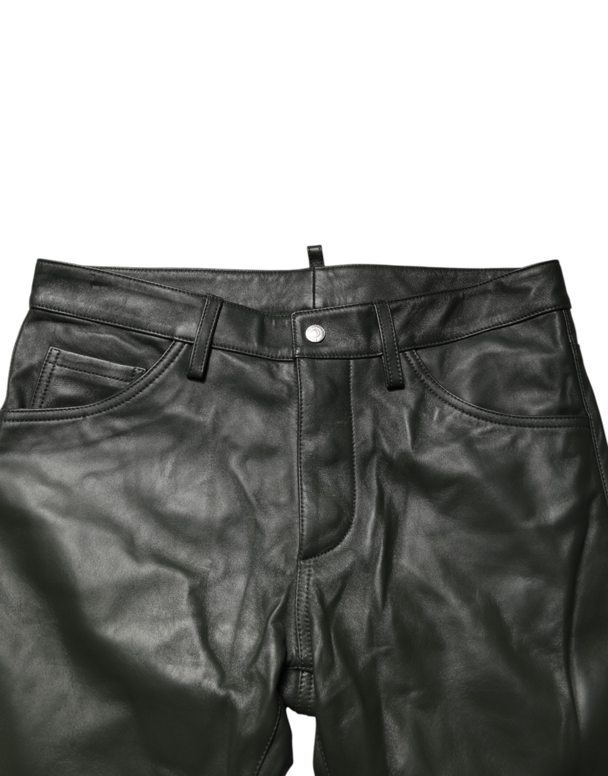 Pantalon taille mi-haute en cuir pleine fleur noir