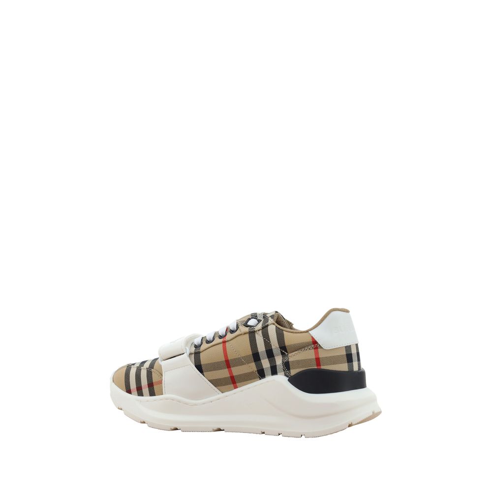 Beige Burberry Regis Cotton Leather Sneakers with Velcro Strap
