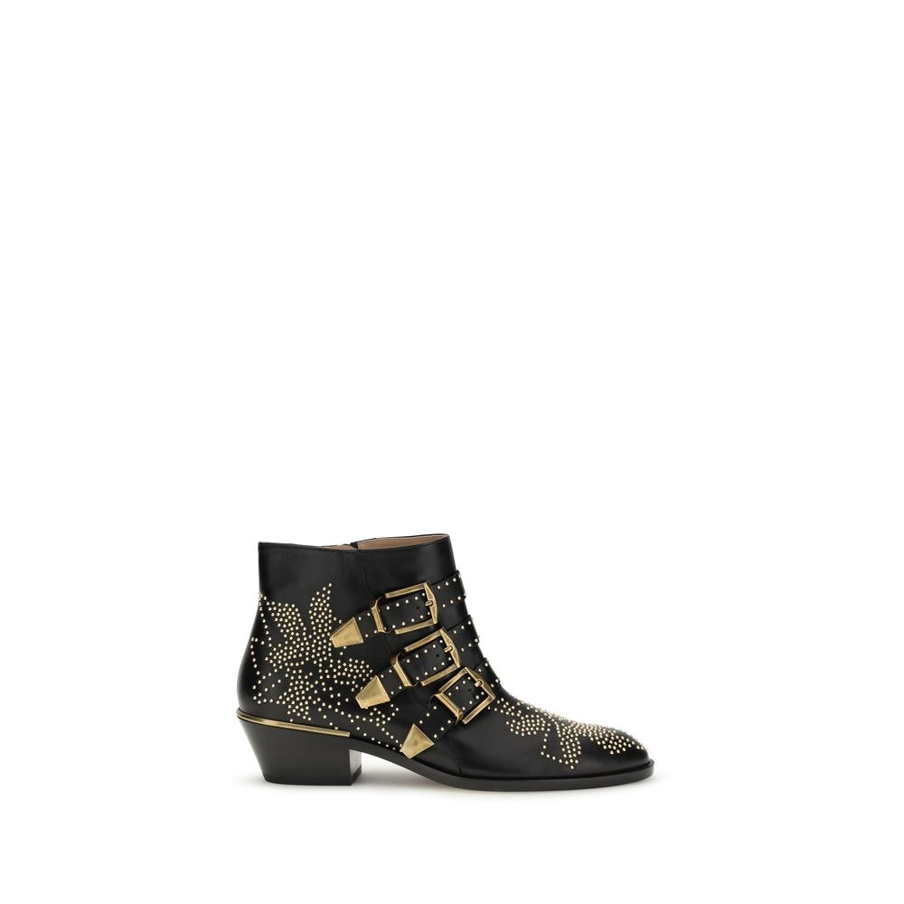 Schwarze Leder Stiefeletten mit Riemen und Nieten