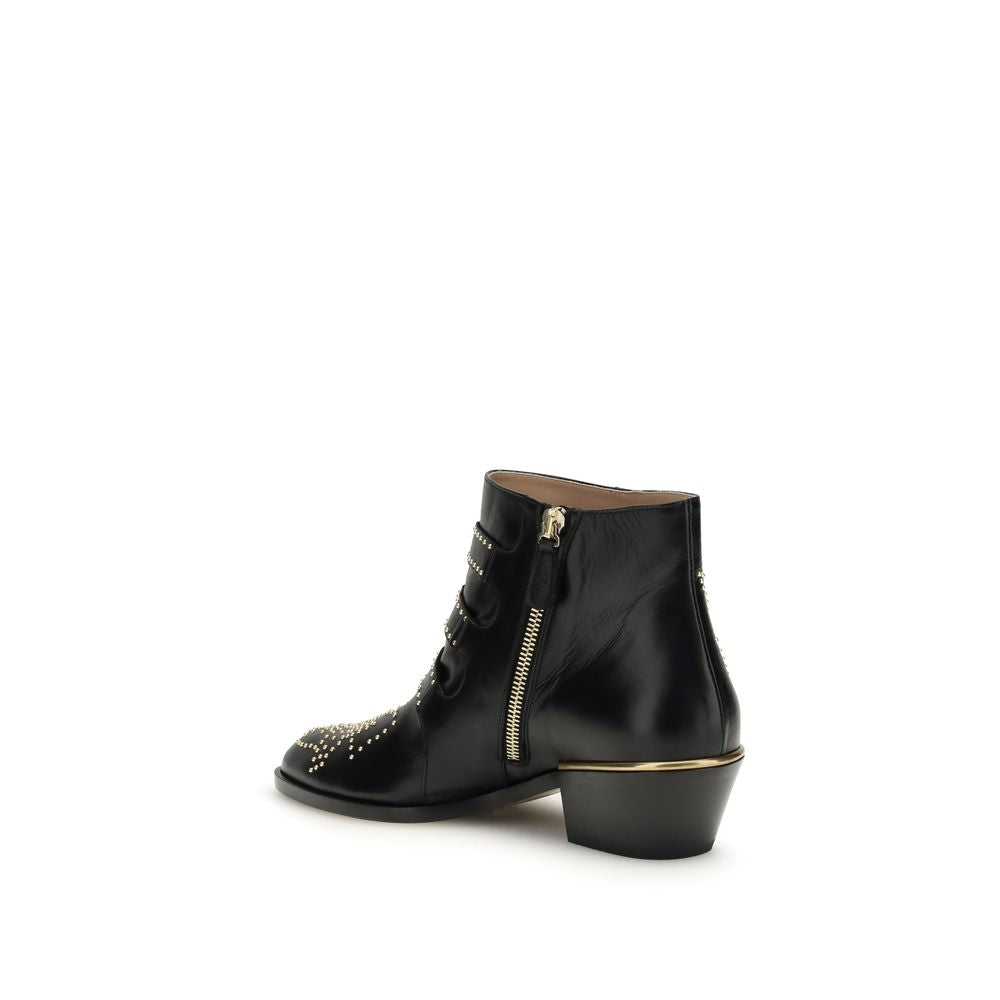 Black Leather Ankle Boots with Straps and Studs