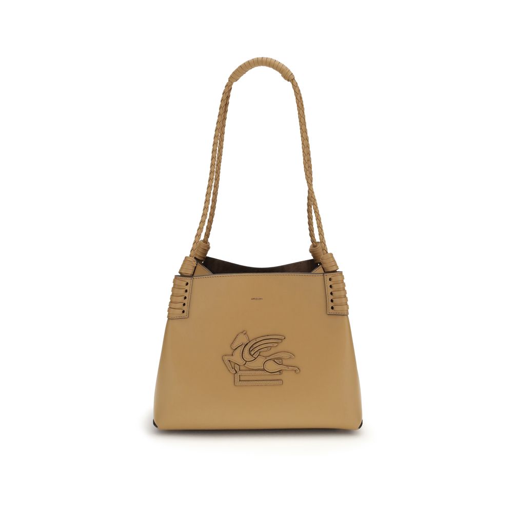 Beige Leather Shoulder Bag with Braided Handles