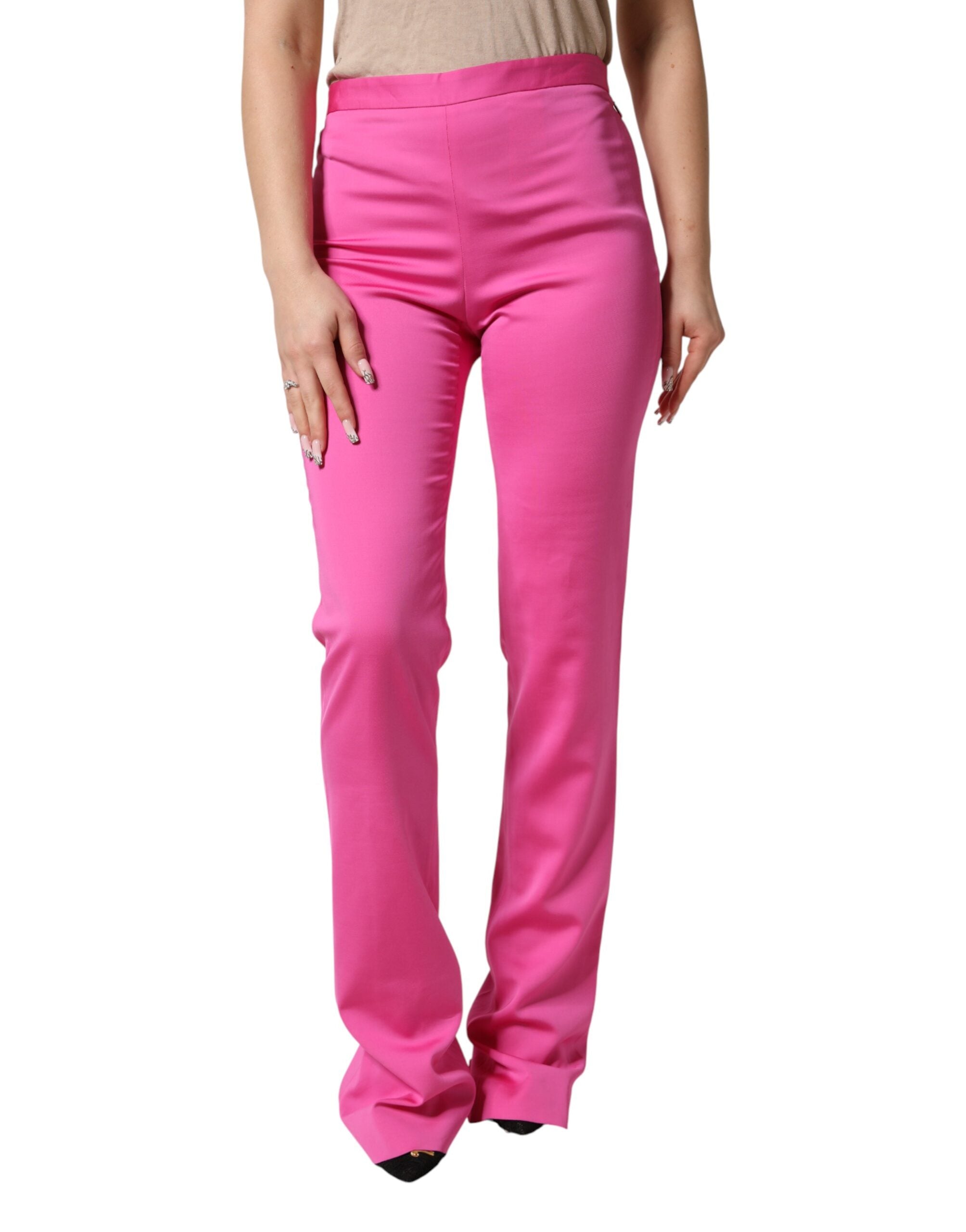 Pantalon droit décontracté taille haute en viscose rose
