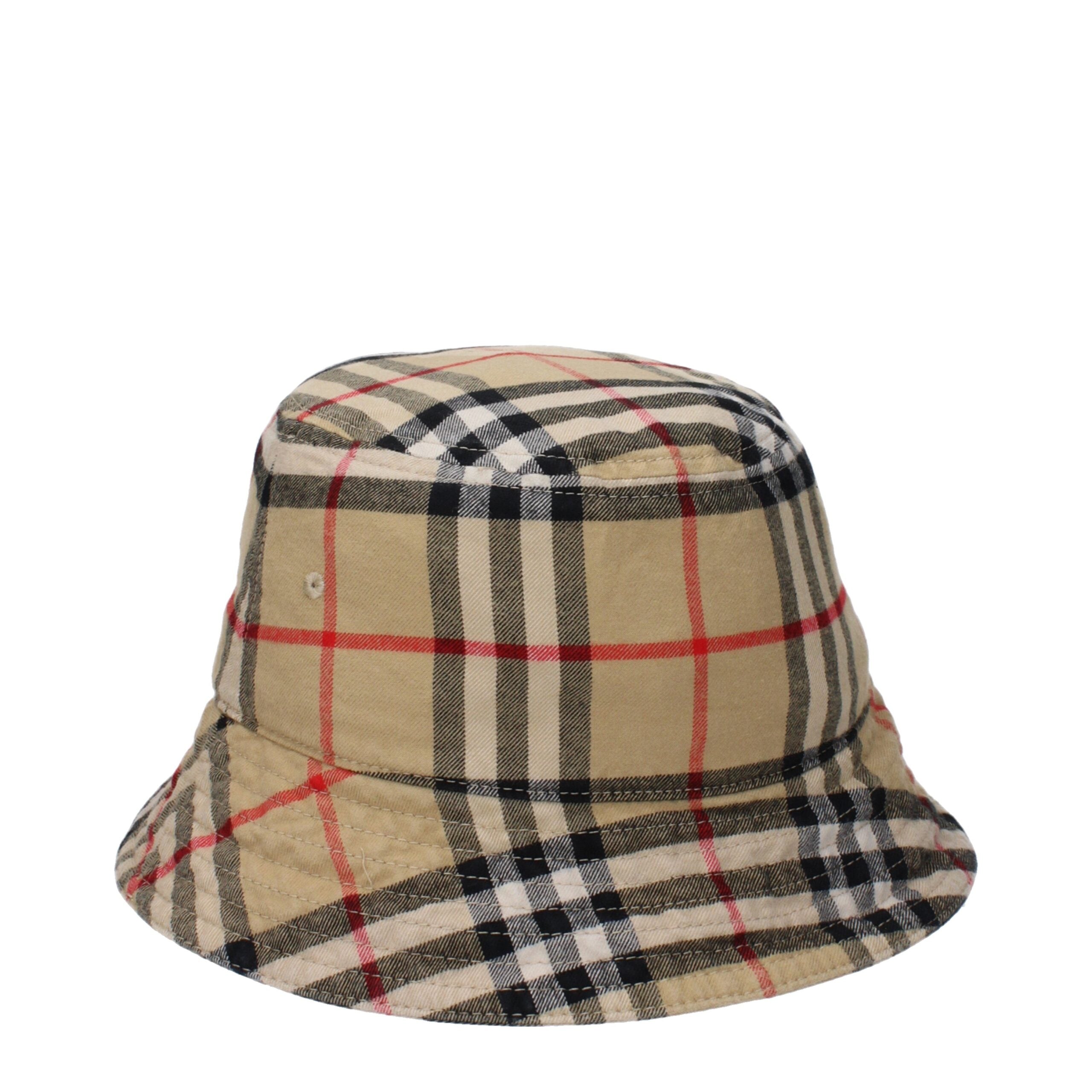 Beige Cotton Bucket Hat with Check Print by Burberry