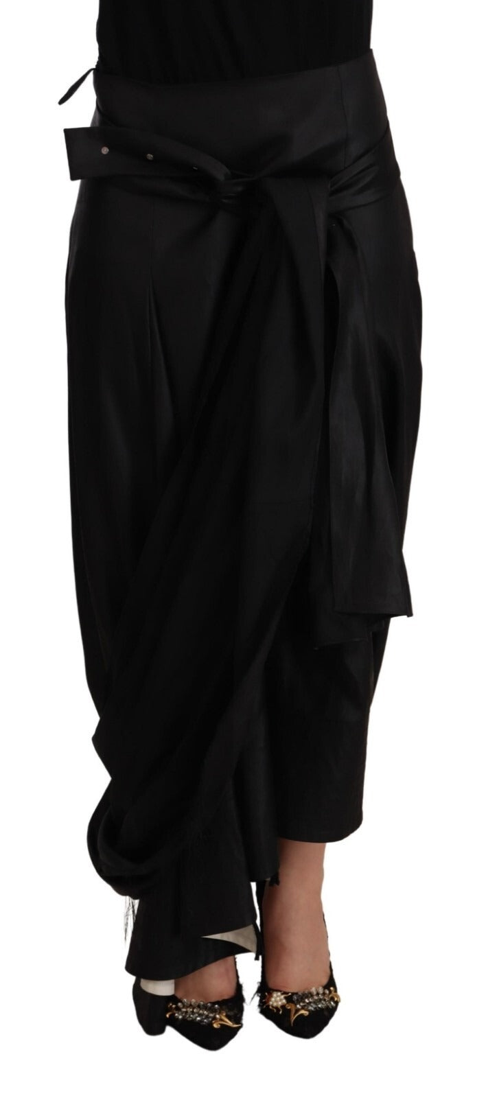 Jupe asymétrique portefeuille en acétate noir taille haute