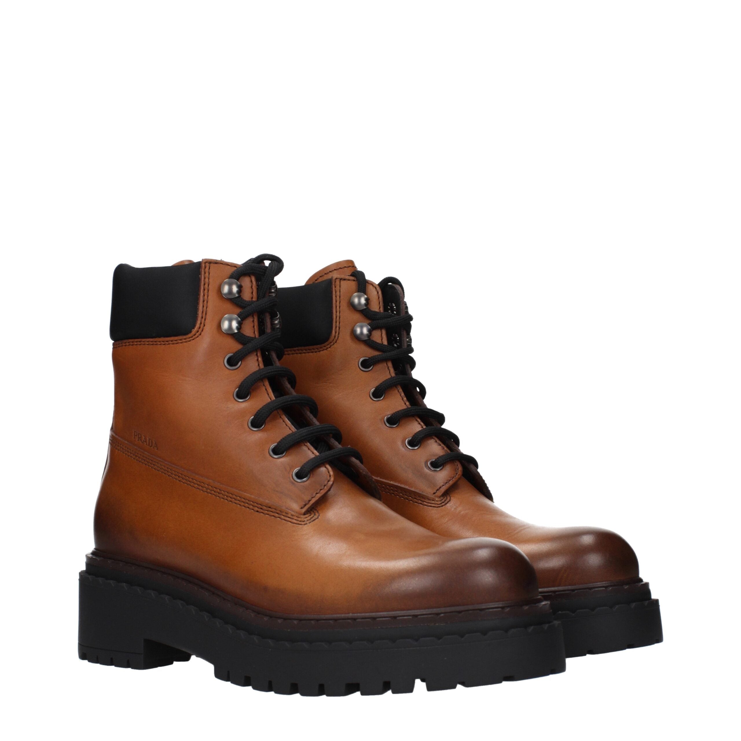 Brown Leather Ankle Boots with Vintage Logo by Prada
