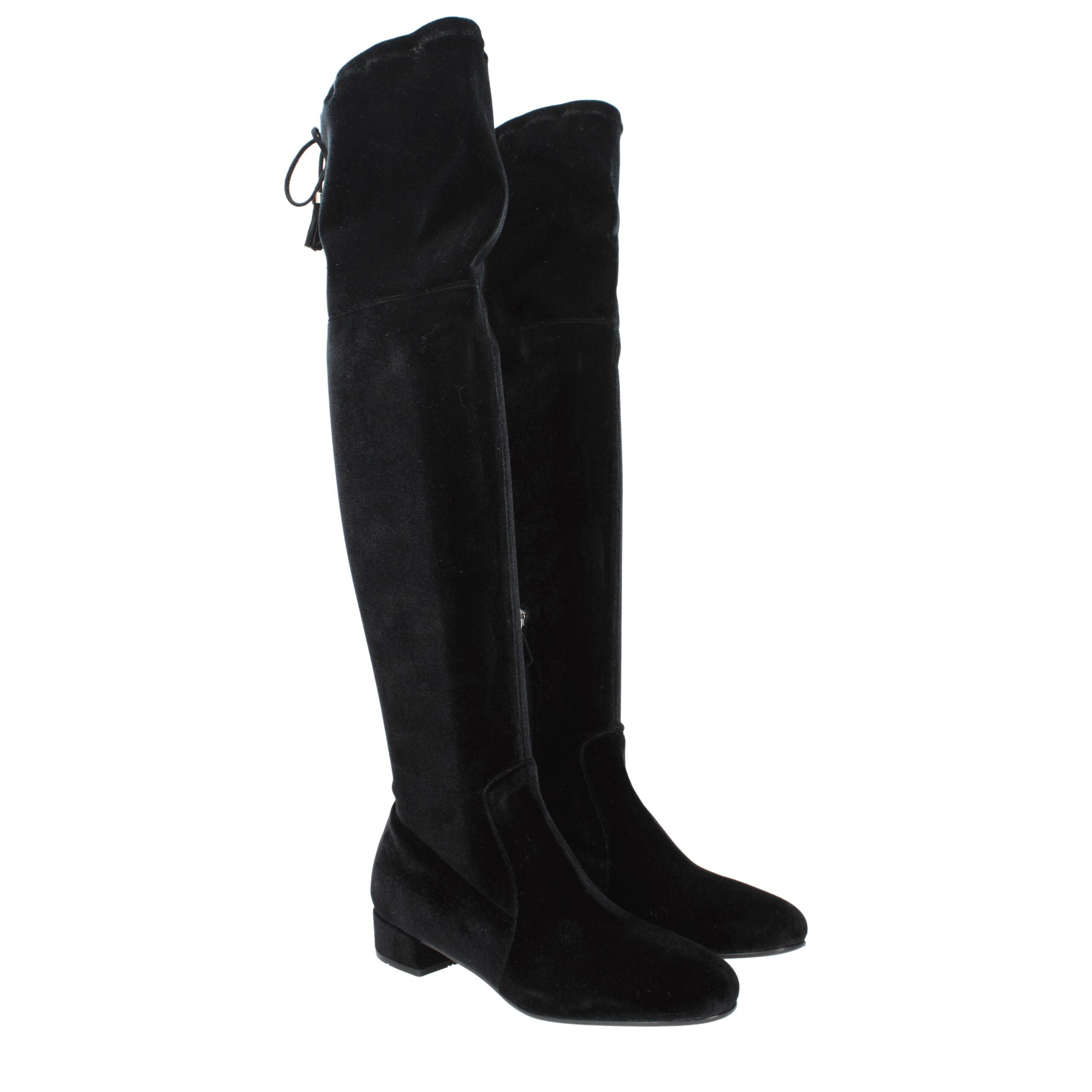 Schwarze Overknee-Stiefel aus Samt mit Fransen