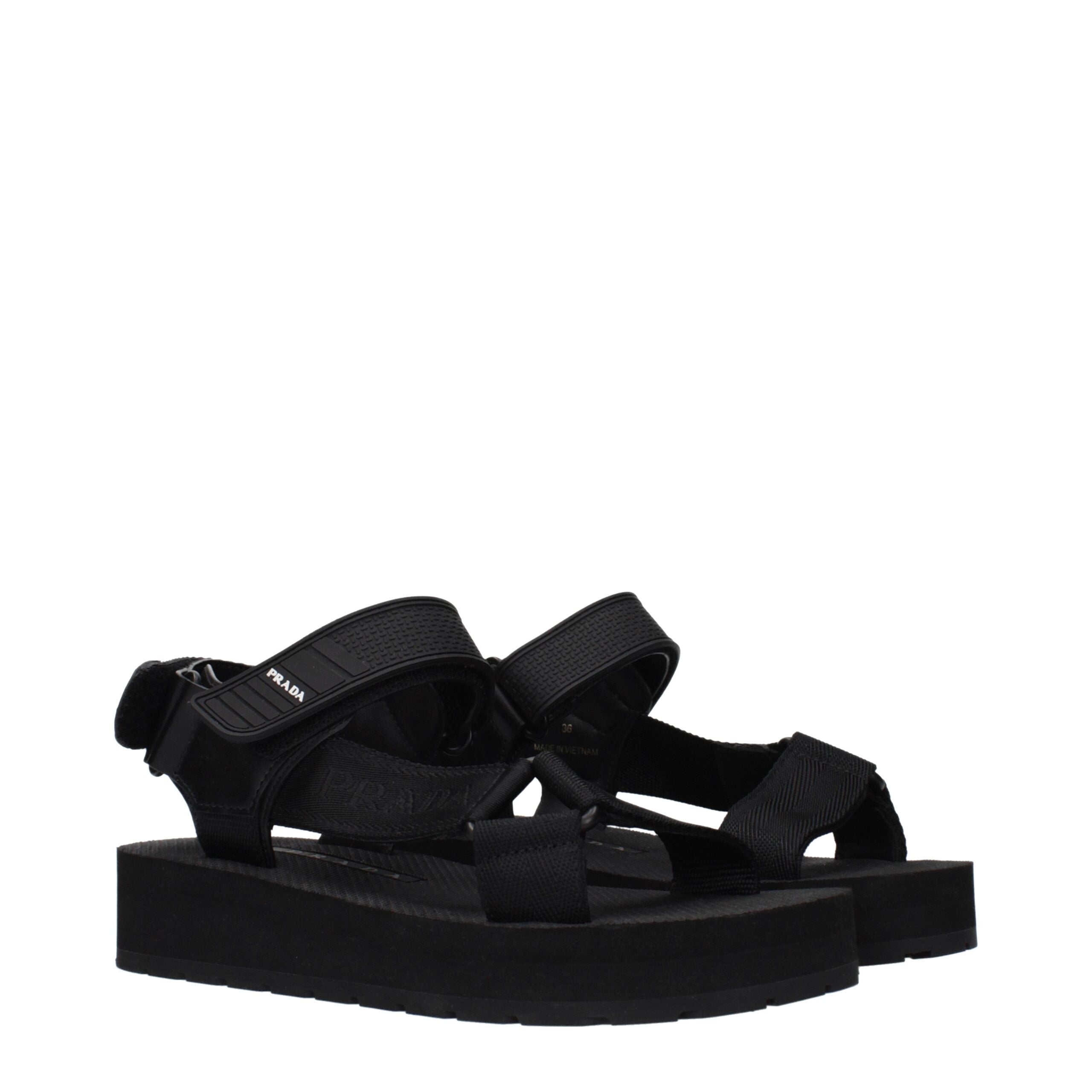 Black Synthetic Flat Sandals with Side Logo by Prada
