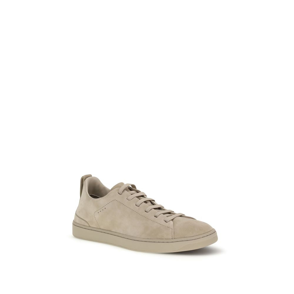 Gray Leather Low Top Sneakers with Elastic Laces