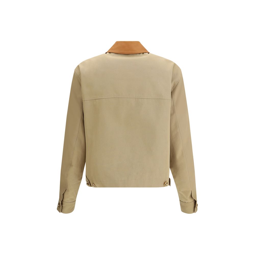 Beige Cotton Jacket with Leather Collar Full-Length