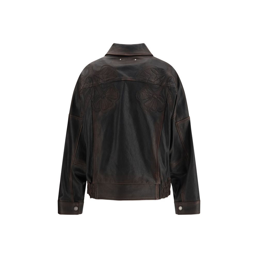 Brown Leather Bomber Jacket with Floral Embroidery
