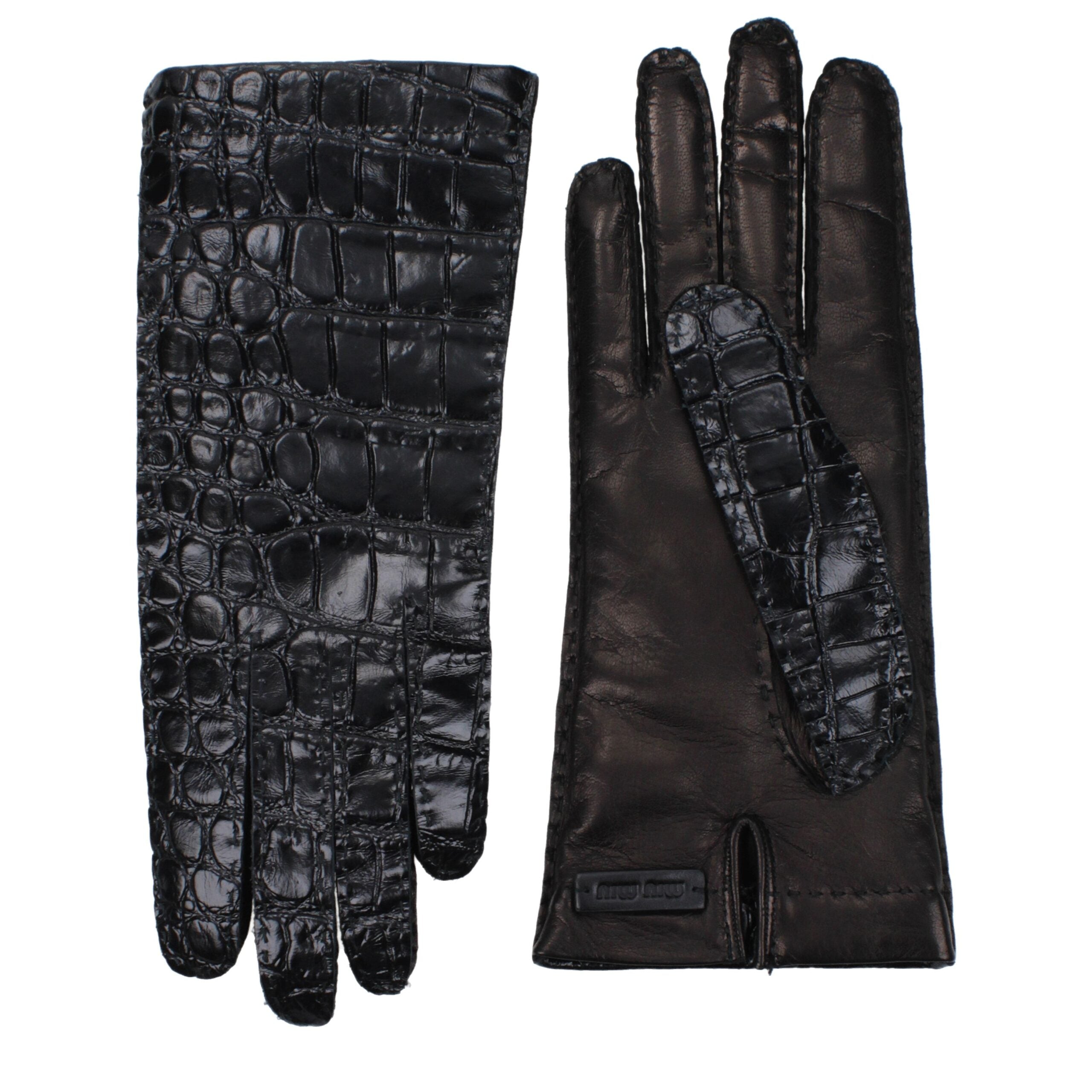 Schwarze Lederhandschuhe mit seitlichem Logo von Miu Miu