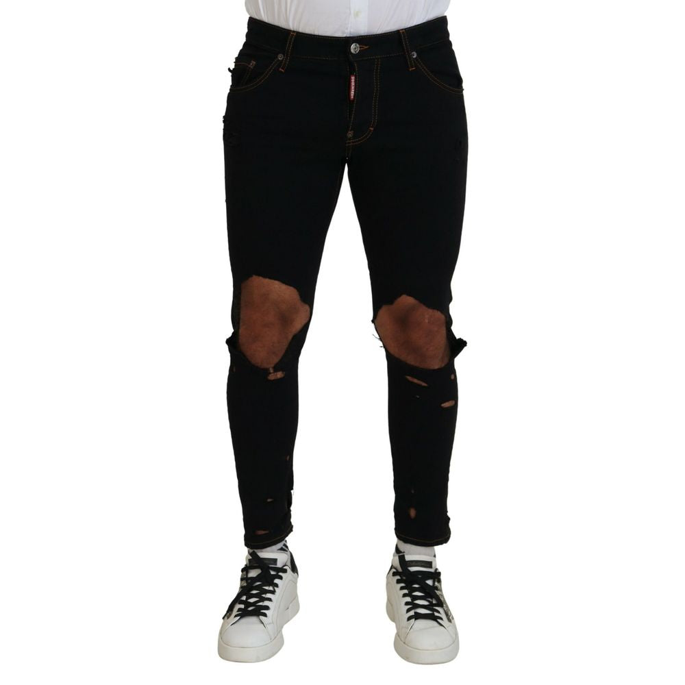 Schwarze Röhrenjeans aus Baumwolle mit Used-Effekten