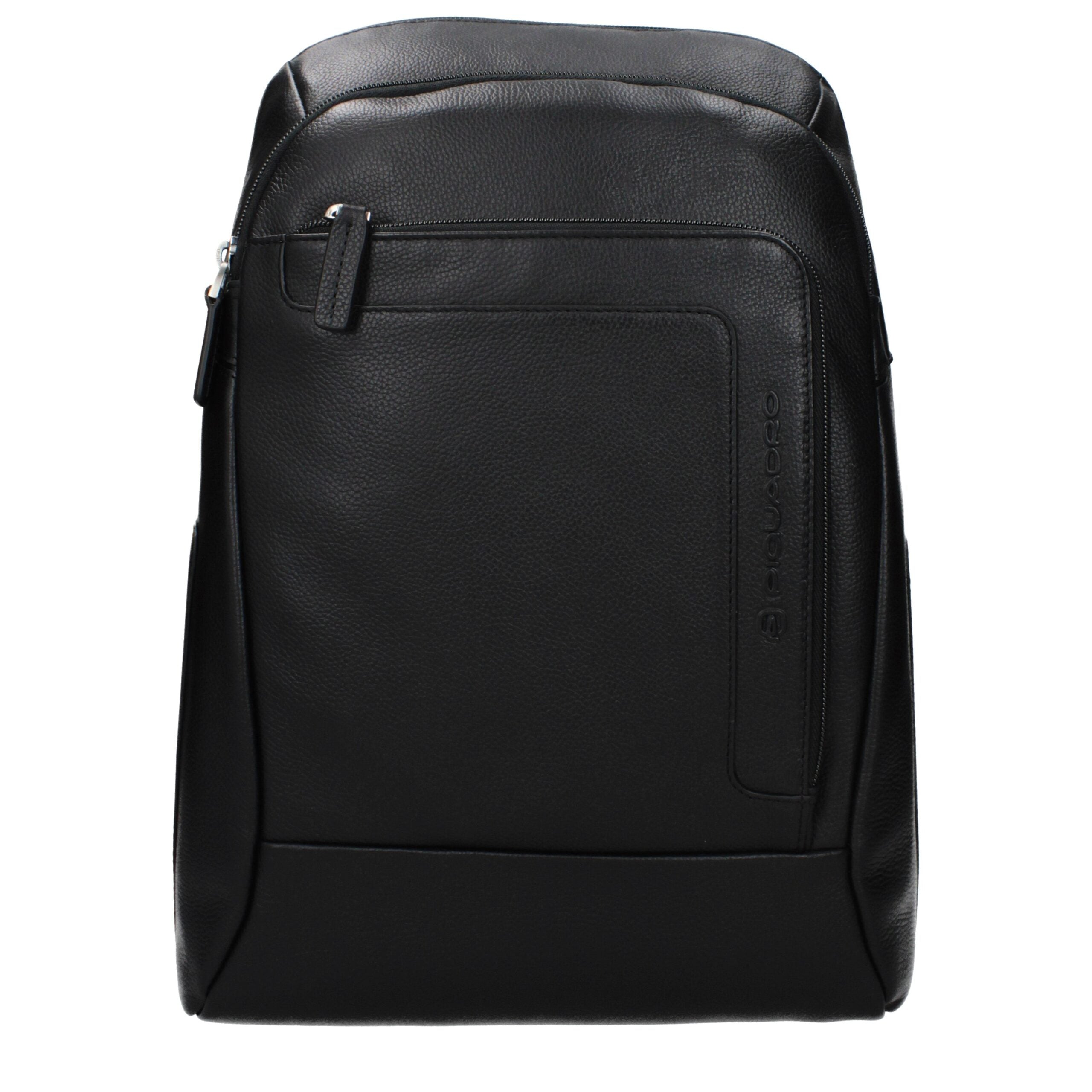 Schwarzer Lederrucksack mit verstellbaren Trägern und Logo