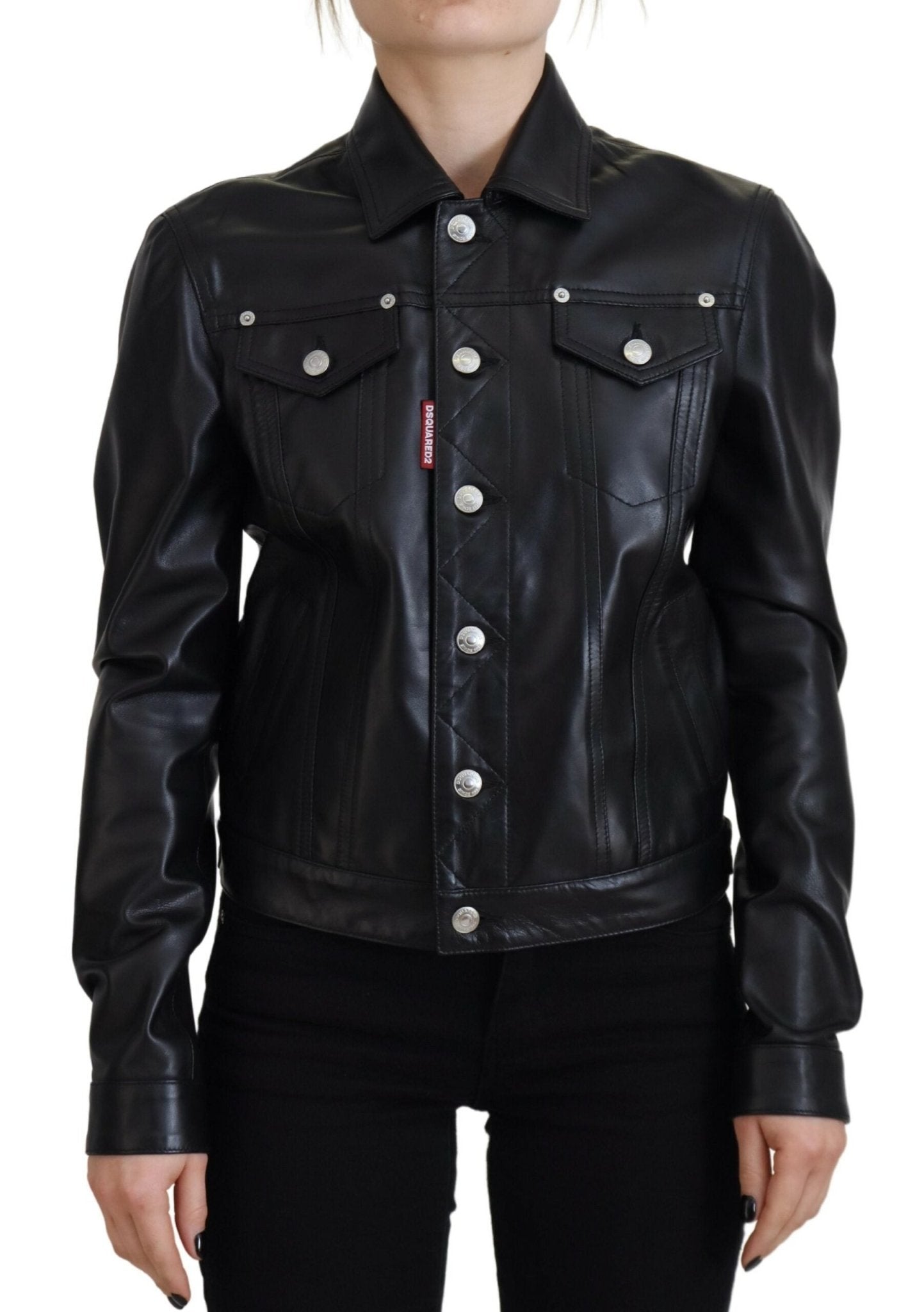 Black Leather Collared Long Sleeves Jacket - Dsquared² - Aulae