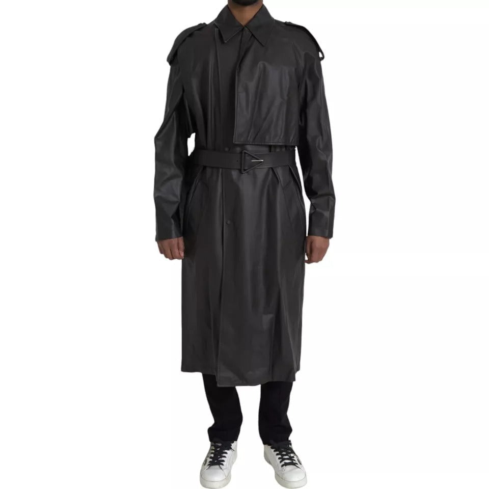 Black Leather Men Waterproof Trenchcoat Jacket - Bottega Veneta - Aulae